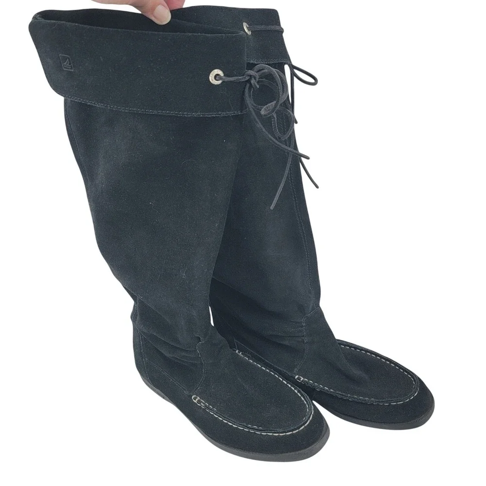 Sperry Suede Boots Tall Lace Up Moc Toe Black Boots Women's